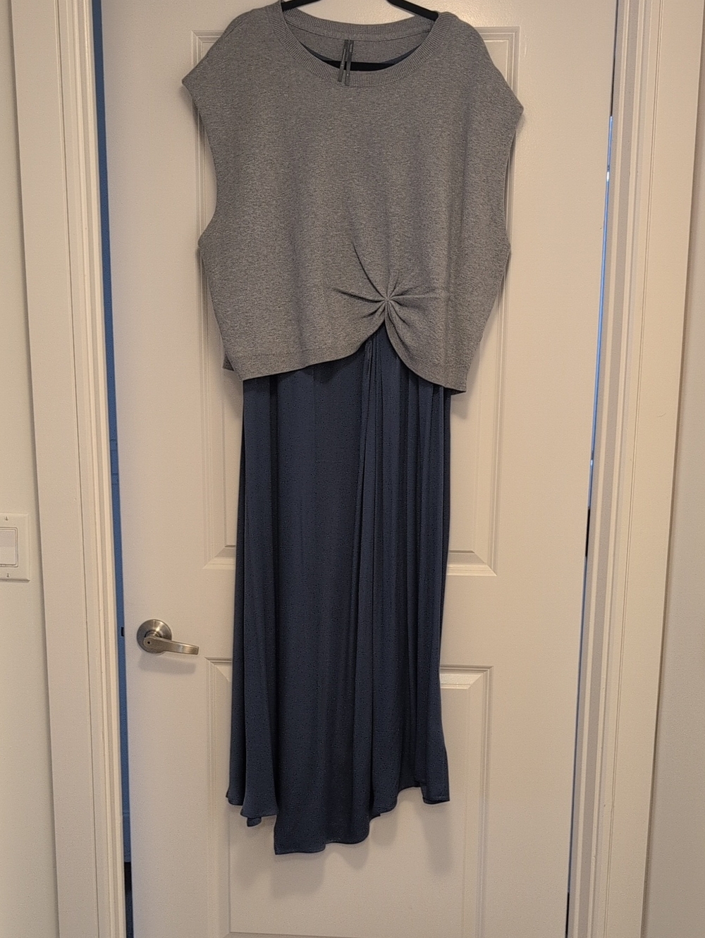 Anthropologie Grey Knit Twist-Front Top with Steel Blue Dress. Twofer